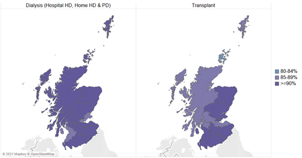 Chart shows a map of Scotland with each Health Board of Residence coloured depending of the percentage of patients on RRT who have received the first vaccine.